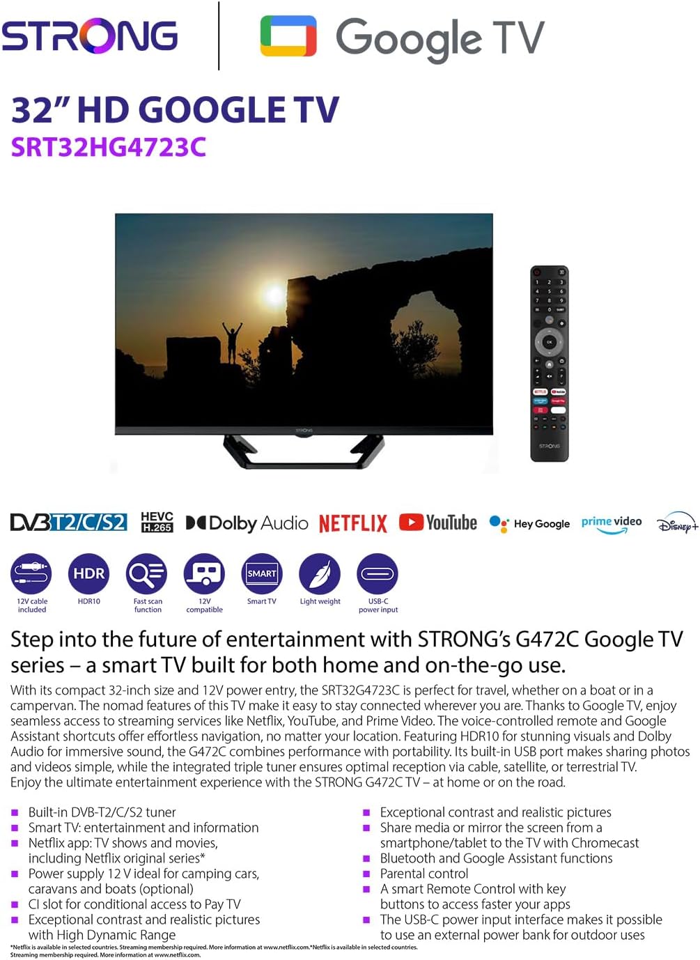 Strong SRT32HG4723C 32'' TV HD - DVB-S2/C/T2, 12V ideal for camper, Kitchen, bedroom, boat, 2 HDMI ports (1 ARC) + 1 USB port + Mini-AV + Input antenna/satellite - Black